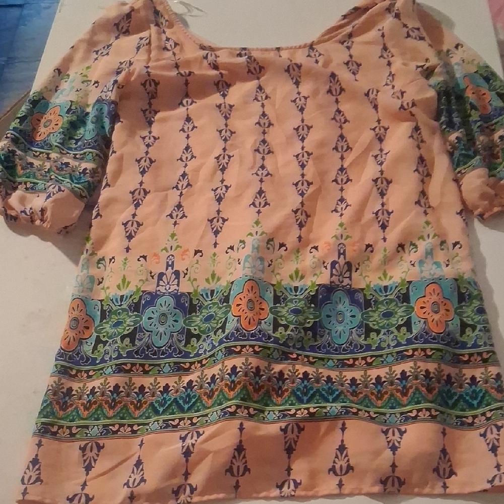 Pink Owl Boho Floral Tribal Bishop Sleeve Tunic Mini Dress S - Picture 3 of 6